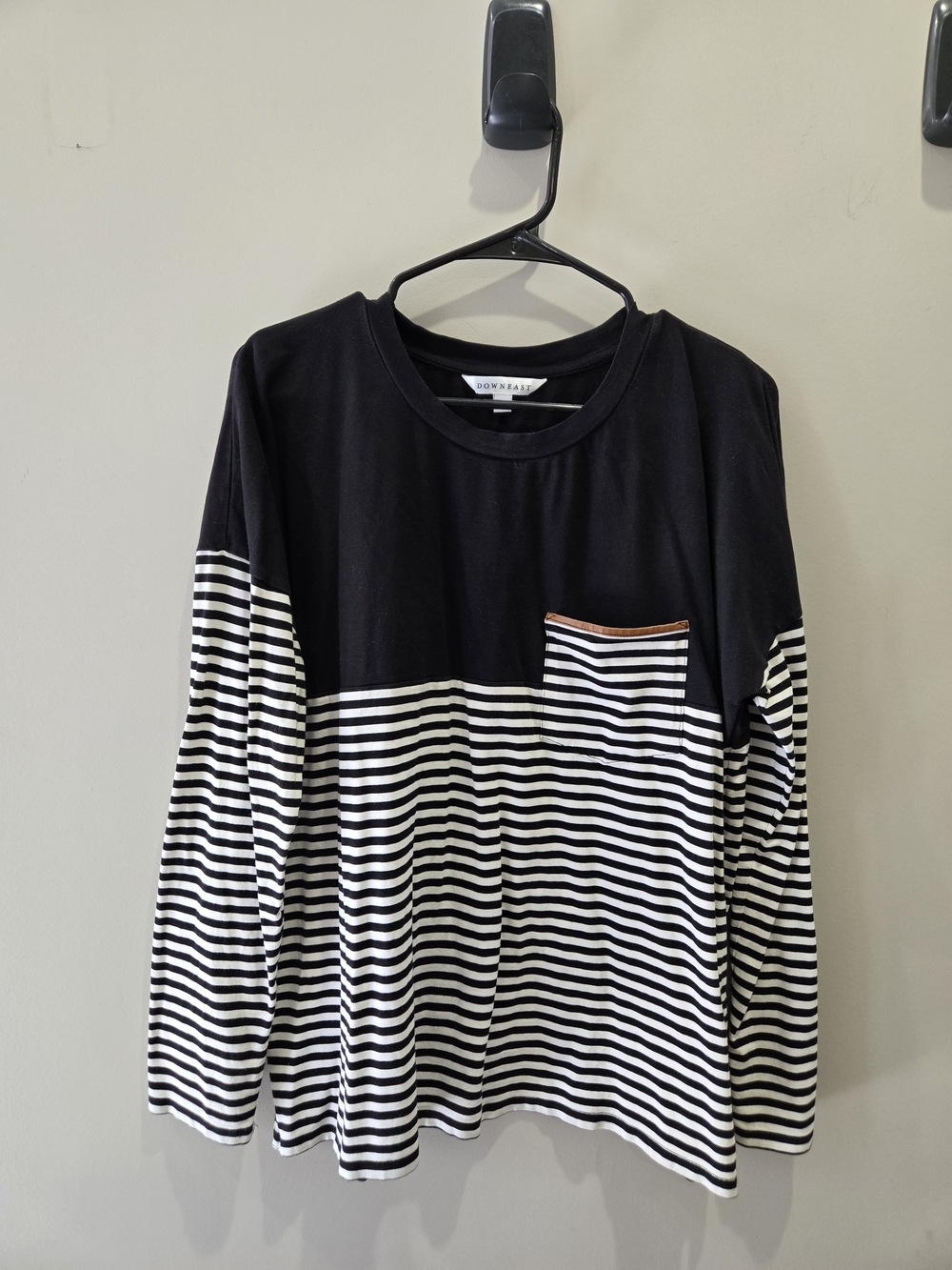 DownEast Black & White Striped Long-Sleeve Tunic with Pocket